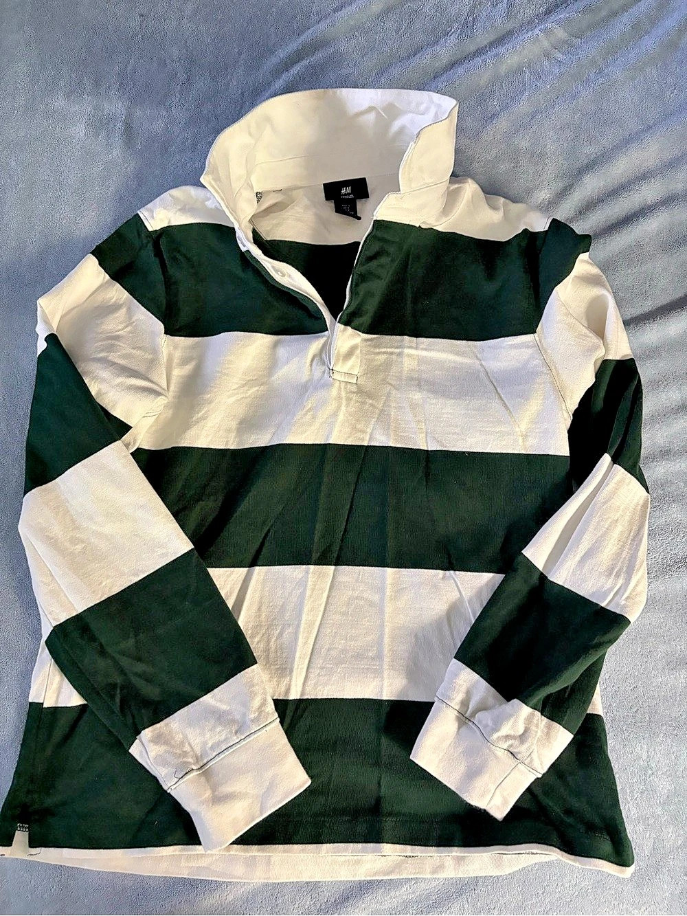 H&M Regular-Fit Cotton Rugby Shirt Green & White Size Small